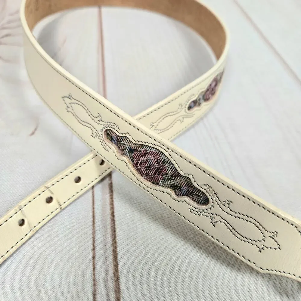Vintage 90s Silver Creek Floral Brocade Inset Leather Western Belt White 36